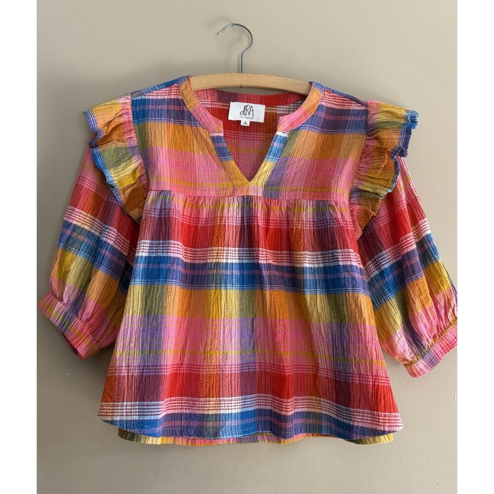 dRA Anthropologie 100% Cotton Rainbow Ruffle Janice Top Size S Boho Dopamine